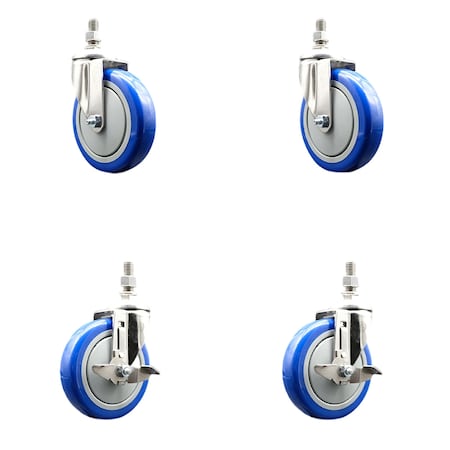 Service Caster 5 Inch 316SS Blue Polyurethane Swivel 1/2 Inch Threaded Stem Caster Brakes, 2PK SS316TS20S514-PPUB-BLUE-121315-2TLB2